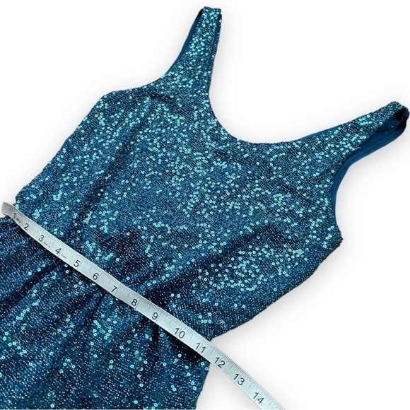 𝅺EXPRESS Teal Sequin Low Surplice Back Cocktail Mini Dress - Picture 12 of 14